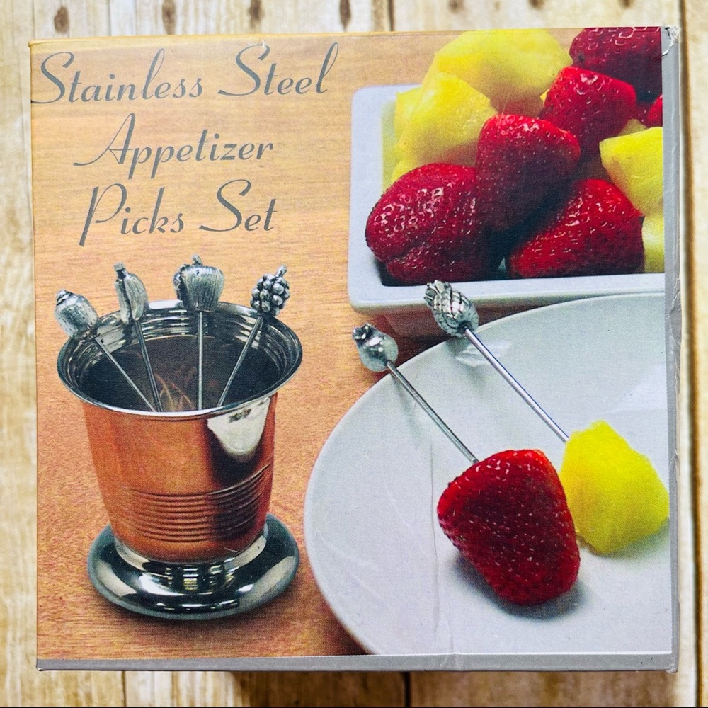 Stainless Steel Appetizer Picks and Nickel Plated Brass Holder Set